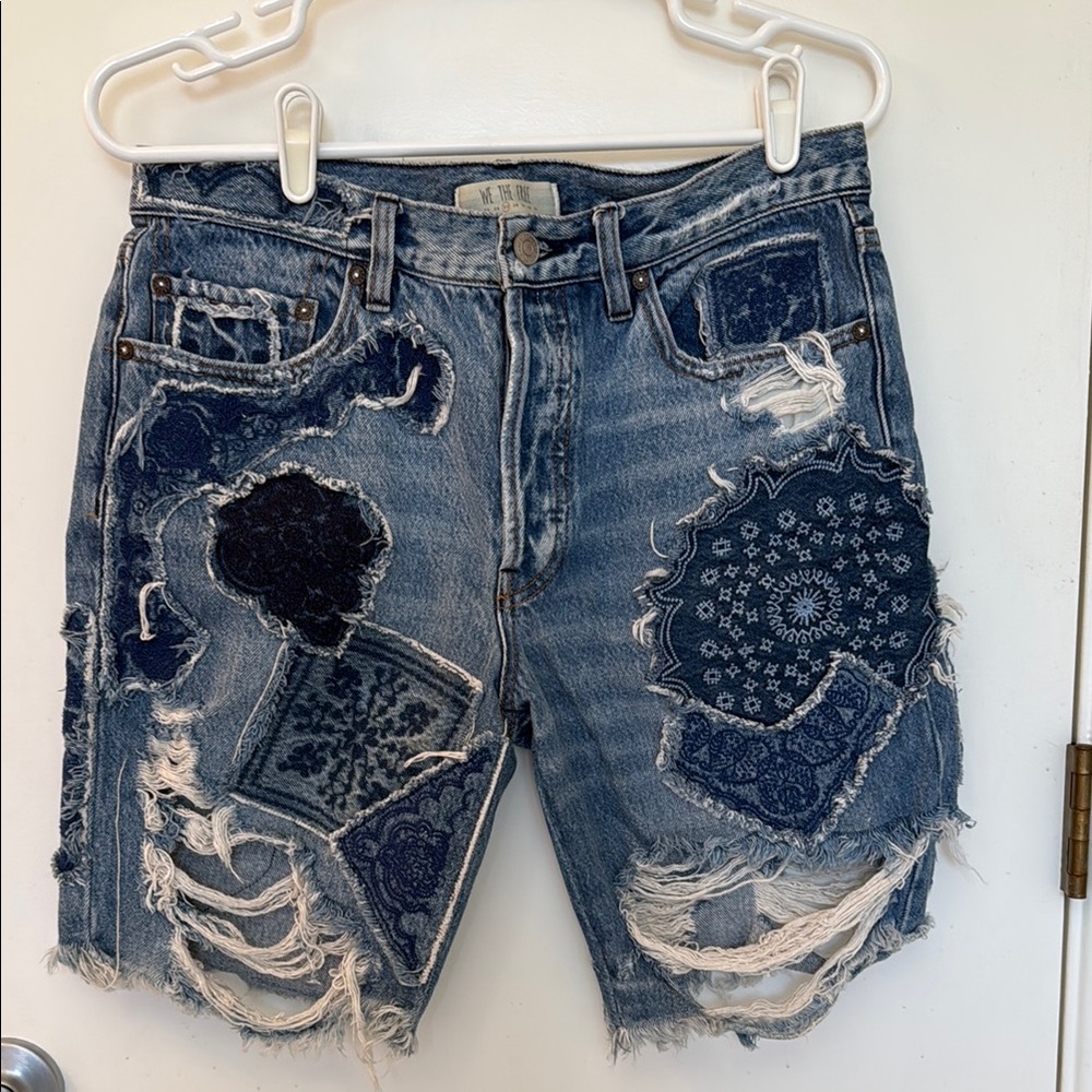 We The Free Distressed Blue Jean Shorts with Bandana Patchwork